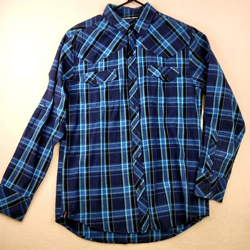 Tony Hawk Men's Checkered Button Up Shirt L Blue Casual Western Country Rodeo